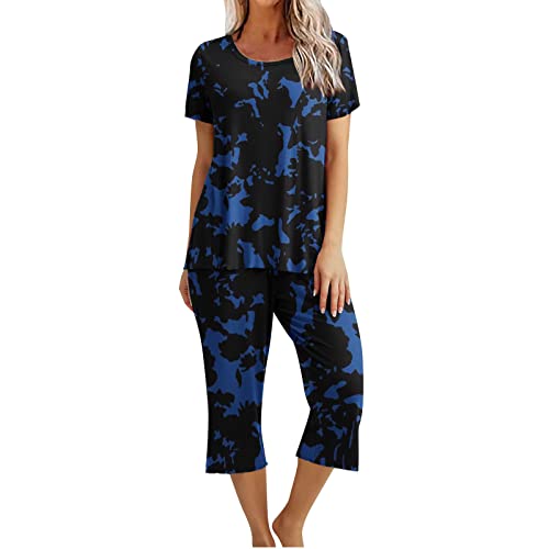 CSKJ Kawaii Schlafanzug Damen Kurz Pyjama Set Kurzarm Top mit 3/4 Lang Schlafhose Zweiteiliger Pjs Sets Nachtwäsche Loungewear Sleepwear Schlafshirt Negligee, Marineblau, M von CSKJ