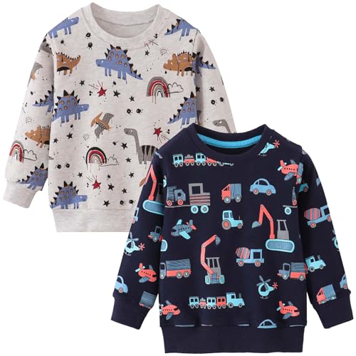 CSKJ Kinder Jungen Pullover Sweatshirt Langarm Baumwolle Dinosaurier Bagger Traktor Planeten Winter Oberteile 1-7 Jahre von CSKJ