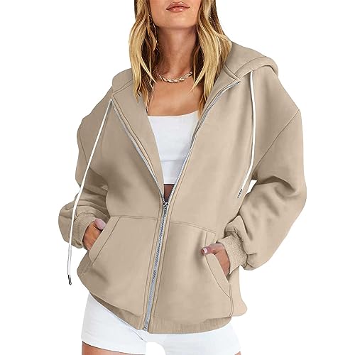 CSKJ Kuschelpullover Damen - Damen Hoodie Kapuzenjacke Kapuzenpullover Vintage Oversize Sweatjacke Sweatshirt College Jacke Übergangsjacke Zip Hoody mit Kapuze, Khaki, XXL von CSKJ