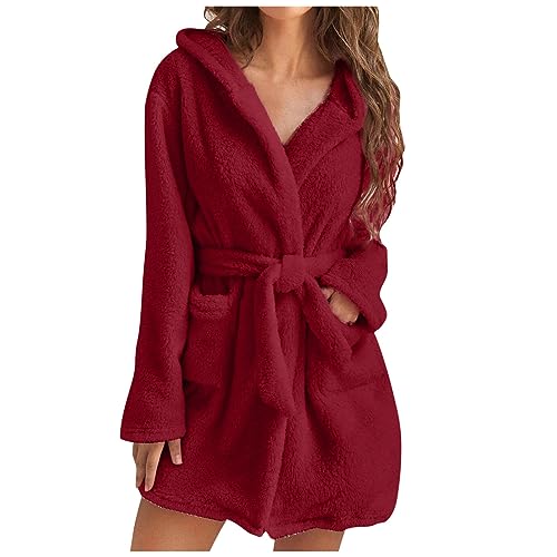 CSKJ Loungewäsche Winter Bademantel Damen Weicher Flanell Saunamantel mit Kapuze Flauschiger Morgenmantel Lange Ärmel Hausmantel Loungewäsche Schlafanzüge Nachtwäsche, rot, L von CSKJ