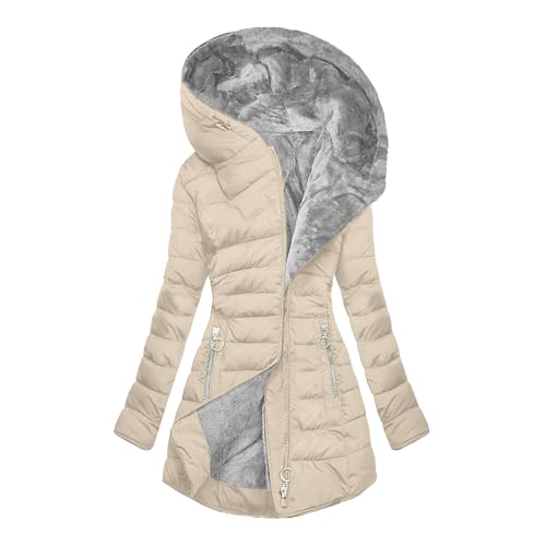 CSKJ Mantel Frauen Wintermantel Warme Winter Jacke Lange Mäntel Einfarbig Winterjacke mit Kapuze Windbreaker Gefüttert Teddyfell Dicker Fleecejacke Mode Outdoorjacke Slim fit Winterparka, Beige, M von CSKJ