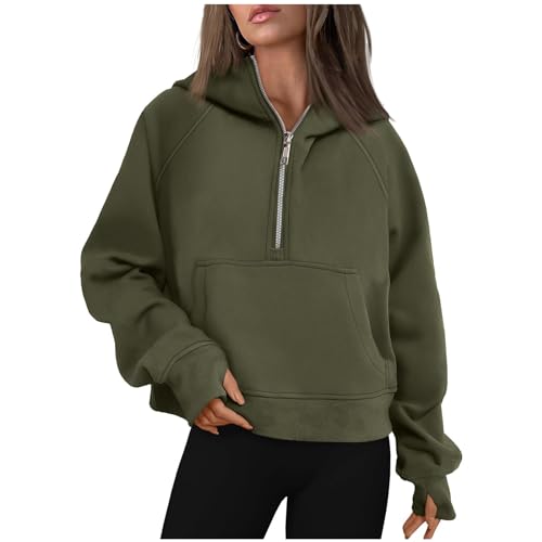 CSKJ Norweger Pullover Damen - Sweatshirt Damen Basic Reißverschluss Pullover Loose Einfarbig Fleece Oberteile für Herbst Winter Pulli Warme Oberteile mit Kapuze Taschen, grün, S von CSKJ