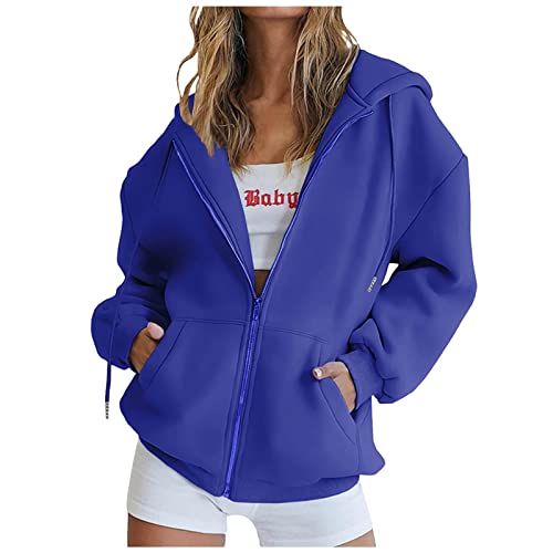 CSKJ Oversize Pullover Damen - Damen Kapuzenjacke Kapuzenpullover Vintage Oversize Sweatjacke Sweatshirt College Jacke Übergangsjacke Zip Hoodie Hoody mit Kapuze, Blau, M von CSKJ