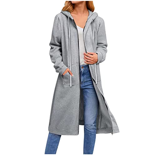 CSKJ Oversized Hoodie - Damen Lange Hoodie Zip Sweatjacke Langarmshirt Kapuzenpullover mit Reißverschluss Sweatshirtjacke Pullover Oberteile Kapuzenpullover mit Tasche, Grau, 3XL von CSKJ