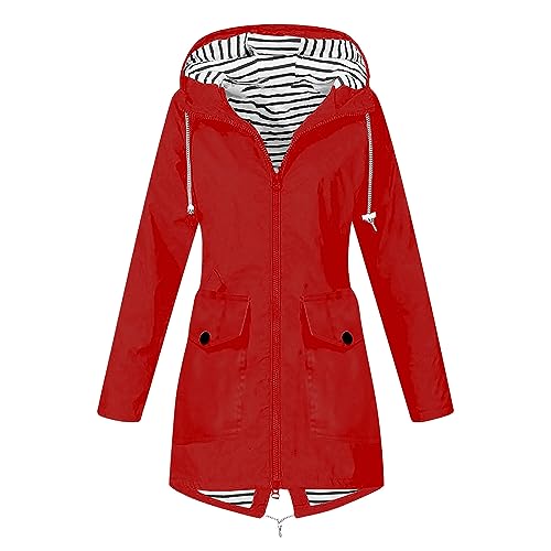 CSKJ Parka Damen - Regenjacke Damen Wasserdicht Atmungsaktiv Regenmantel Softshelljacke Lang Windbreaker Übergangsjacke Fahrrad Regenparka Leichte Windjacke Trenchcoat Wandern Regenkleidung, Rot, S von CSKJ