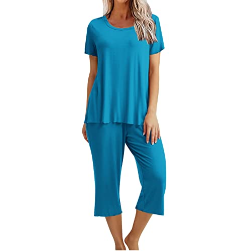 CSKJ Personalisierte Geschenke Schlafanzüge Damen Loungewäsche Kurz Nachtwäsche Pyjama Set Top Schlafanzug mit 3/4 Lang Schlafhose Zweiteiliger Pjs Sets Sleepwear Schlafanzughosen, dunkelblau, XXL von CSKJ