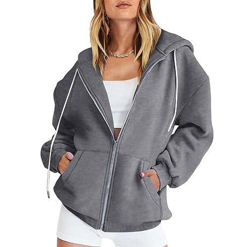 CSKJ Pulli Damen - Hoody Damen mit Kapuze Kapuzenjacke Kapuzenpullover Vintage Oversize Sweatjacke Sweatshirt College Jacke Übergangsjacke Zip Hoodie mit Kapuze, Dunkelgrau, M von CSKJ