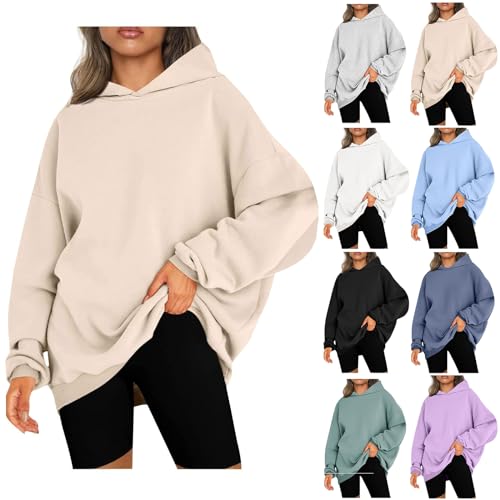 CSKJ Pullover Damen Lang - Damen Oversized Hoodies Sweatshirts Langarm Einfarbig Pullover Winter Kapuzenjacke Hoodies Übergangsjacke Kapuzenpullover Outdoorjacke Plüschjacke, beige, M von CSKJ