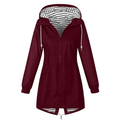 CSKJ Regenjacke Damen Wasserdicht Atmungsaktiv Softshelljacke Lang Übergangsjacke Einfarbige Outdoor Regenmantel mit Kapuze Funktionsjacke Leichte Gefüttert Windbreaker Große Größen Regenparka S-5XL von CSKJ