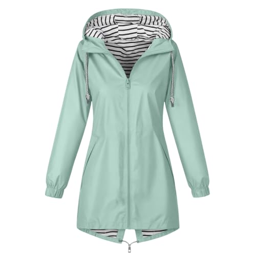 CSKJ Regenjacke Damen Wasserdicht Atmungsaktiv Softshelljacke Lang Übergangsjacke Einfarbige Outdoor Regenmantel mit Kapuze Funktionsjacke Leichte Gefüttert Windbreaker Große Größen Regenparka S-5XL von CSKJ