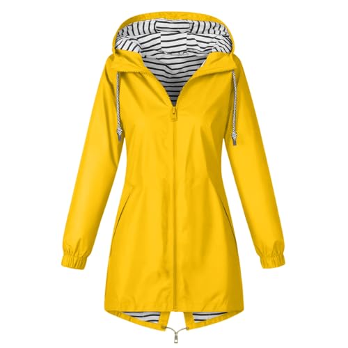 CSKJ Regenjacke Damen Wasserdicht Atmungsaktiv Softshelljacke Lang Übergangsjacke Einfarbige Outdoor Regenmantel mit Kapuze Funktionsjacke Leichte Gefüttert Windbreaker Große Größen Regenparka S-5XL von CSKJ