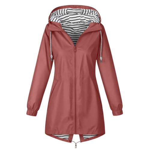 CSKJ Regenjacke Damen Wasserdicht Atmungsaktiv Softshelljacke Lang Übergangsjacke Einfarbige Outdoor Regenmantel mit Kapuze Funktionsjacke Leichte Gefüttert Windbreaker Große Größen Regenparka S-5XL von CSKJ