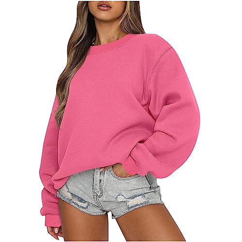 CSKJ Rollkragenpullover Damen - Damen Pullover Langarm Grosse Grössen Hip Hop Tops Rundhals Sweatshirt Ohne Kapuze Teenager Mädchen Vintage Langarmshirt Oberteile Winter Herbst Pulli, Heißes Rosa, L von CSKJ