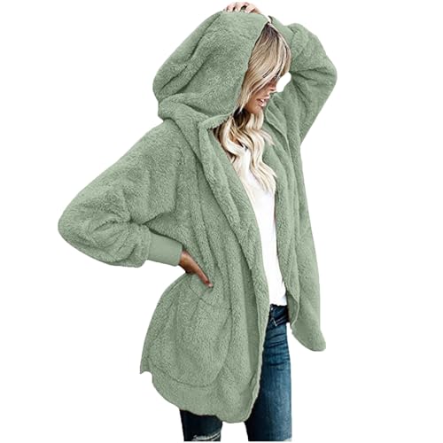 CSKJ Sale Damen Mantel Plüschjacke Hoodie Jacke Oversize Wintermantel Kurzmantel Warm Cardigan Kapuzenjacke Winterjacke mit Taschen, Mintgrün, S von CSKJ