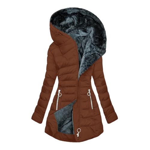 CSKJ Steppjacke Damen Warmer Lang Winterjacke Gefüttert Fleece Daunenjacke Baumwolle Elegant Pufferjacke Langarm Casual Fleecejacke mit Kapuze Wintermantel Winter Outdoor Trachtenjacke von CSKJ