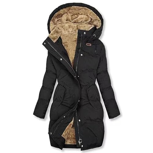 CSKJ Steppjacke Damen Warmer Lang Winterjacke Gefüttert Fleece Daunenjacke Baumwolle Elegant Pufferjacke Langarm Casual Fleecejacke mit Kapuze Wintermantel Winter Outdoor Trachtenjacke von CSKJ