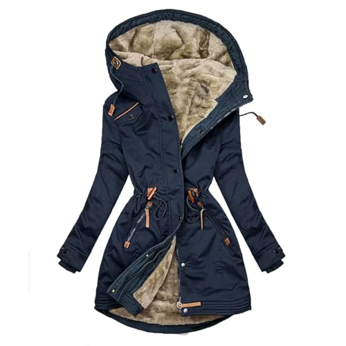 CSKJ Steppjacke Damen Warmer Lang Winterjacke Gefüttert Fleece Daunenjacke Baumwolle Elegant Pufferjacke Langarm Casual Fleecejacke mit Kapuze Wintermantel Winter Outdoor Trachtenjacke von CSKJ