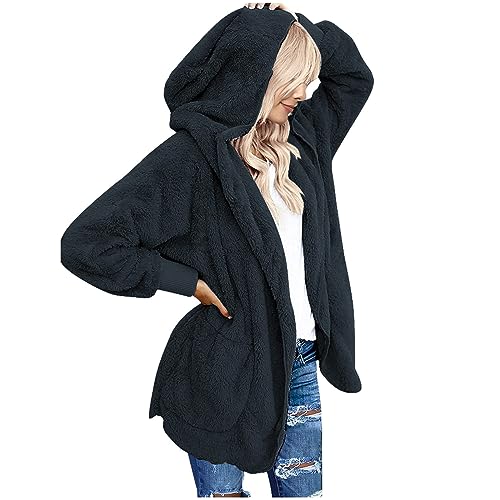 CSKJ Steppmantel Damen Lang - Damen Mantel Plüschjacke Hoodie Jacke Oversize Wintermantel Kurzmantel Warm Cardigan Kapuzenjacke Winterjacke mit Taschen, A7_Blau, 3XL von CSKJ