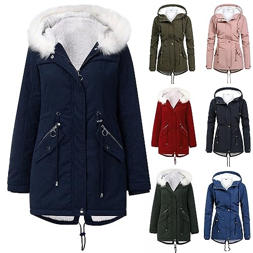 CSKJ Steppmantel Damen - Warme Damen Winter Jacke Teddyfell Gefütterte Winterjacke Wintermantel Kunstfell Fleece Mantel Winterjacke Parka mit Kapuze, Dunkelblau, XL von CSKJ