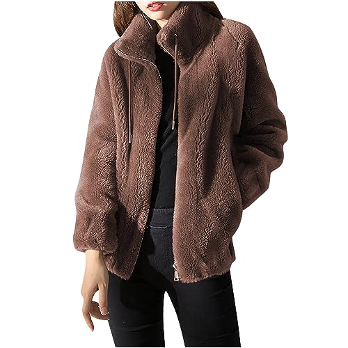 CSKJ Strickpullover Damen - Damen Teddyfleece Jacke Warmes Sweatshirt mit Full Zip und Stehkragen Fleece Sweatjacke S-3XL, Braun, XXL von CSKJ