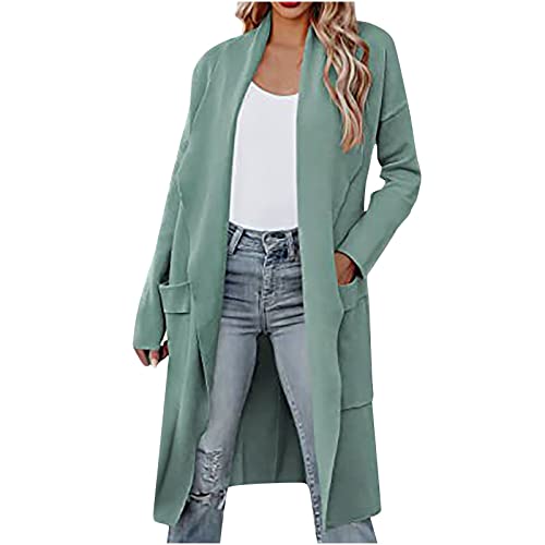 CSKJ Sweatjacke Damen - Strickjacke Damen Langarm Drapiert Open Front Lange Cardigan mit Taschen Jacke Herbst Übergangsjacke, Grün, M von CSKJ