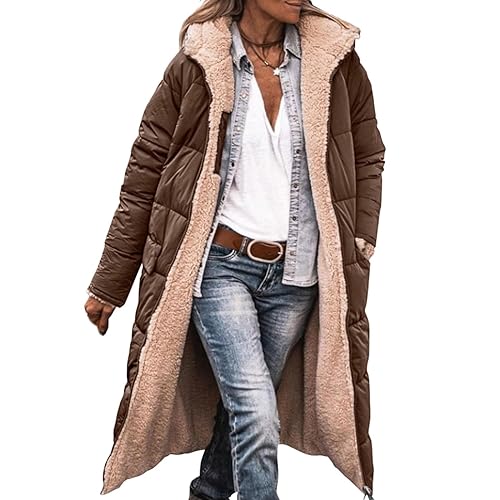 CSKJ Sweatjacke Damen Warm Wintermäntel Reversibel Sherpa Fleece Lang Pufferjacken mit Kapuze Frauen Oberbekleidung Outdoorjacke Steppjacke Steppmantel, Kaffee, XL von CSKJ