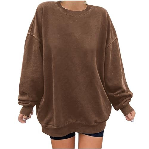 CSKJ Sweatkleid Damen Sweatshirt Damen Pullover Oversized Langarmshirt Rundhals Basic Loose Tops Ohne Kapuze Teenager Mädchen Vintage Oberteile Shirts, Braun, M von CSKJ