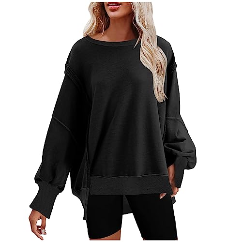 CSKJ Sweatshirt Damen Sweatshirt Langarmshirt Rundhals Tops Damen Teenager Mädchen Vintage Pullover Oberteile Top, Schwarz, XXL von CSKJ