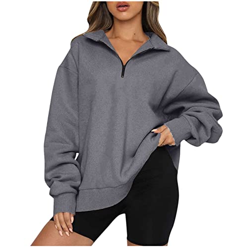 CSKJ Sweatshirts für Damen - Sweatshirt Damen Basic Reißverschluss Pullover Loose Einfarbig Fleece Oberteile für Herbst Winter Kapuzenjacke Übergangsjacke Outdoorjacke, dunkelgrau, M von CSKJ