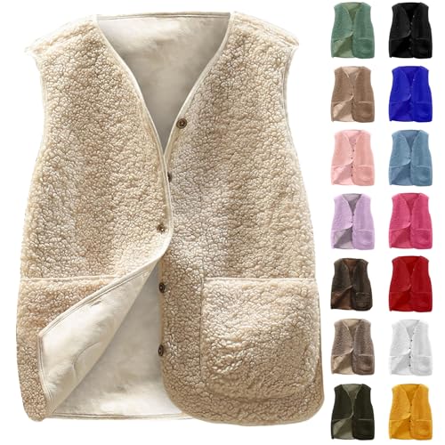 CSKJ Teddy Fleece Weste Damen Winter Warm Plüschweste Ärmellos Fleeceweste Kurz V-Ausschnitt Plüsch Westen Leicht Übergangsjacke Locker Komfort Winterweste Outdoor Gilet für Frauen S-5XL von CSKJ