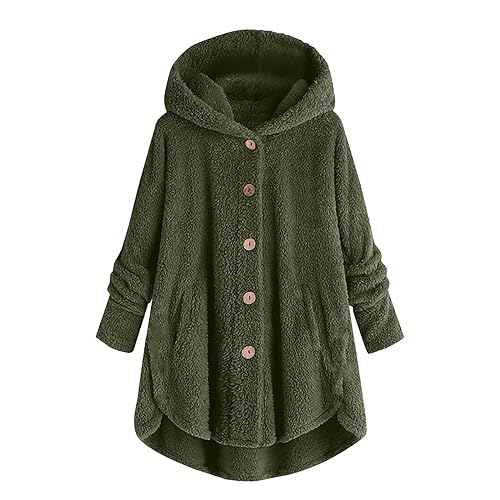 CSKJ Teddy Mantel Damen Plüschjacke Fleecejacke Winterjacke Lang Warm Gefüttert Fleecemantel Lässige Kuscheljacke Flauschig Wintermantel Knopf Kapuzenjacke, armeegrün, 4XL von CSKJ