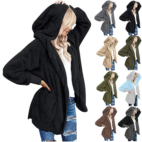 CSKJ The Deal - Damen Mantel Plüschjacke Hoodie Jacke Oversize Wintermantel Kurzmantel Warm Cardigan Kapuzenjacke Winterjacke mit Taschen, Schwarz, XL von CSKJ