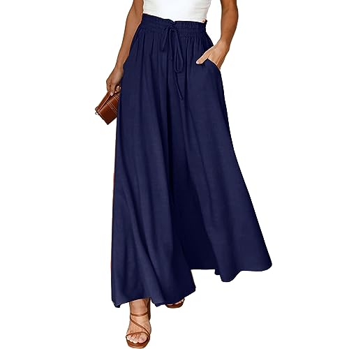 CSKJ Trachtenhose Damen - Sommerhose Damen Leicht Lässige Palazzo Hose High Waist Einfarbig Freizeithose Baumwolle Leinen Hosen mit Taschen Kordelzug Baggy Elastisch Stoffhose, Marineblau, XXL von CSKJ