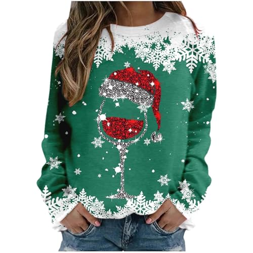 CSKJ Weihnachtspullover Damen Langarmshirt, Pullover Weihnachten Damen Sweatshirt,Weihnachtsshirt Damen Langarm mit Schneemann Weihnachtsmotiv Große Größen Weihnachts Tshirt, Grün, S von CSKJ