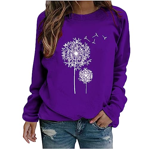 CSKJ Weihnachtspullover - Damen Löwenzahn Sweatshirt Langarmshirt Pusteblume Drucken Pullover Herbst Winter Bluse Tops Oberteile, Lila, XXL von CSKJ