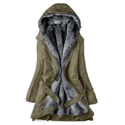 CSKJ Weihnachtspullover - Mantel Frauen Wintermantel Warme Winter Jacke Lange Mäntel Einfarbig Winterjacke mit Kapuze Gefüttert Teddyfell Dicker Fleecejacke Outdoorjacke Winterparka, armeegrün, S von CSKJ