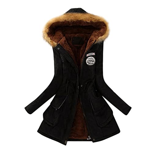 CSKJ Winterjacke Damen Warm - Winterjacke Damen Lang Warm Gefüttert Mantel Plüschjacke Hoodie Jacke Oversize Wintermantel Teddyjacke Warme Cardigan Kapuzenjacke mit Taschen S-3XL, Schwarz, XXL von CSKJ