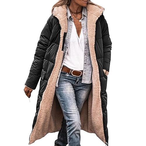 CSKJ Wintermantel Damen Damen Warm Wintermäntel Reversibel Sherpa Fleece Lang Pufferjacken mit Kapuze Frauen Oberbekleidung Outdoorjacke Steppjacke Steppmantel, Schwarz, XXL von CSKJ