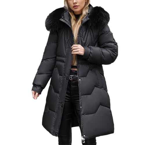 CSKJ Wintermantel Damen Lang Einfarbiger Wintermäntel mit Kapuze Steppmantel Casual Kapuzenmantel Winter Warmer Daunenjacken Taschen Winterparka Verdicken Mantel Langarmmantel Elegant Trachtenjacke von CSKJ