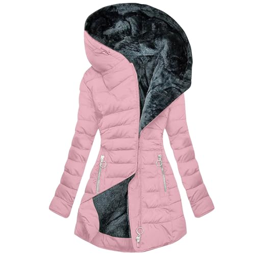 CSKJ Wintermantel Damen Warm Gefüttert Steppjacke Lange Elegant Damenmantel Winter Langarm Parka Jacke mit Kapuze Winterparka Mantel Einfarbig Bequemes Sportjacke Winddicht Outdoorjacke von CSKJ