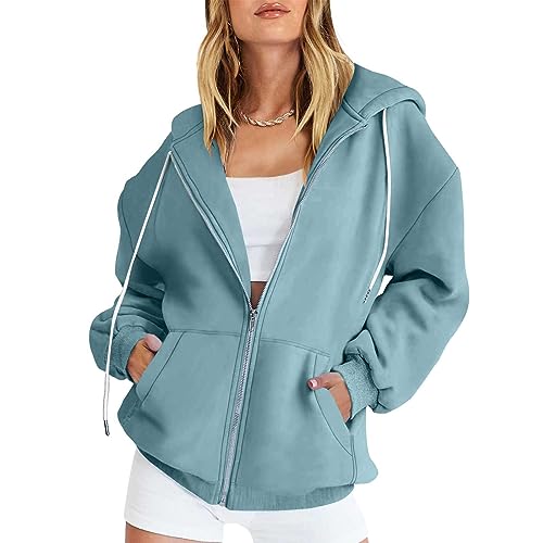 CSKJ Zip Hoodie Y2K - Damen Hoodie Kapuzenjacke Kapuzenpullover Vintage Oversize Sweatjacke Sweatshirt College Jacke Übergangsjacke Zip Hoody mit Kapuze, Hellblau, XXL von CSKJ