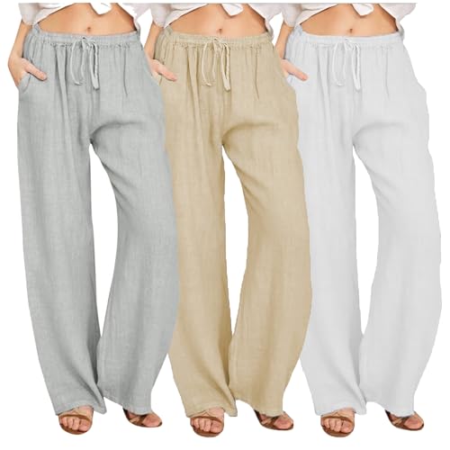 Cargo Hosen Frauen Hose Damen Sommer Casual Baumwolle Leinen Stoffhose Einfarbig Freizeithose Stretch Leicht Leinenhose Straight Leg Hose und Taschen von CSKJ