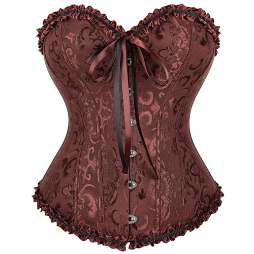 Corset Braun - Damen Bustier Korsett Spitze Up Boned Overbust Bustier Gothic Corsage Dessous Top von CSKJ