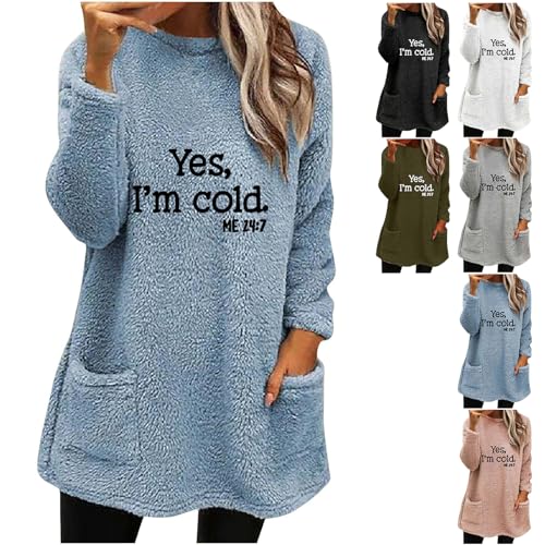 Cosplay Damen Teddy Fleece Sweatshirt mit Taschen Warmes Sherpa Gefüttertes Pullover Winter Casual Langarmshirt Oberteile Einfarbig Thermounterwäsche, Hellblau, S von CSKJ