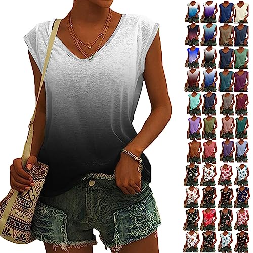 Coupons Amazon Angebote - Bluse Damen Elegant Ärmellos T-Shirt Einfarbig Frauen Kleidung Tops Shirt Lässig Frau Oberteile Sommer Tshirt V-Ausschnitte Klamotten Teenager Mädchen, Grau, L von CSKJ