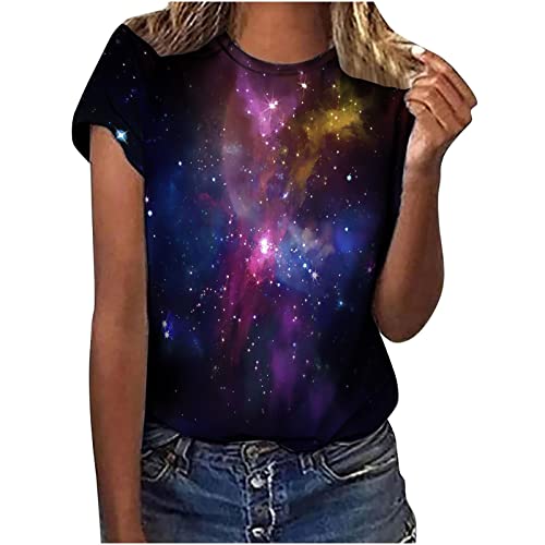 Crop Top - Tshirt Damen Galaxie Drucken Damen Bluse Kurzarm Rundhalsausschnitt T-Shirt Damen Locker Frauen Oberteile Sommer Alltag Crop Top Teenager Mädchen Kleidung, Mehrfarbig, S von CSKJ