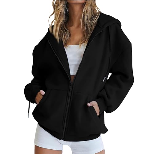 Damen Hoodie Damen Sweatjacke Hoodie Sweatshirtjacke Pullover Oberteile Kapuzenpullover Einfarbig Full Zip Casual Hoodie Sweatshirt von CSKJ