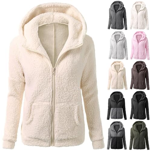 Damen Jacke Übergangsjacke - Fleecejacke Damen Kapuzenpullover Hoodie mit Zipper Teddyjacket Sweatshirt Basic Kapuzenjacke Causal Sweatjack Plüschjack Jacket Winter Warm Einfarbig Hoodies, beige, M von CSKJ