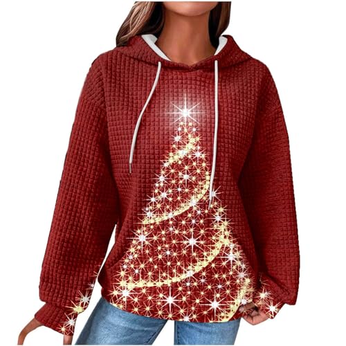 Damen Mantel Kapuzenpullover Damen Vintage Waffel Pullover mit Kapuze Sweatshirt Casual Langarm Hoodie Langarmshirt Baumwolle Sport Kapuzenpulli Herbst Winter Warm Outwear, Rot, 3XL von CSKJ