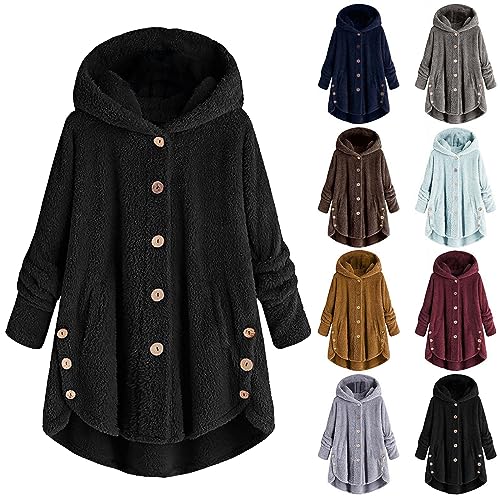 Damen Mantel - Plüschjacke Damen Wollmantel Teddy Fleecejacke Winterjacke Lang Warm Gefüttert Fleecemantel Lässige Kuscheljacke Flauschig Wintermantel Kapuzenjacke mit Taschen Knopf, Schwarz, 4XL von CSKJ